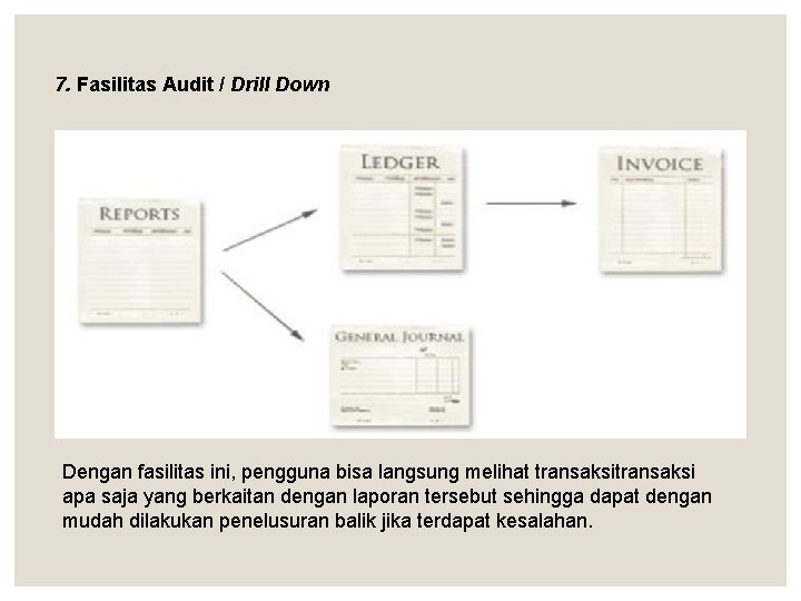 7. Fasilitas Audit / Drill Down Dengan fasilitas ini, pengguna bisa langsung melihat transaksi