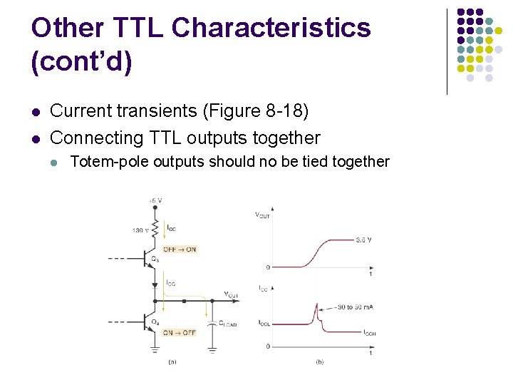 Other TTL Characteristics (cont’d) l l Current transients (Figure 8 -18) Connecting TTL outputs Other TTL Characteristics (cont’d) l l Current transients (Figure 8 -18) Connecting TTL outputs