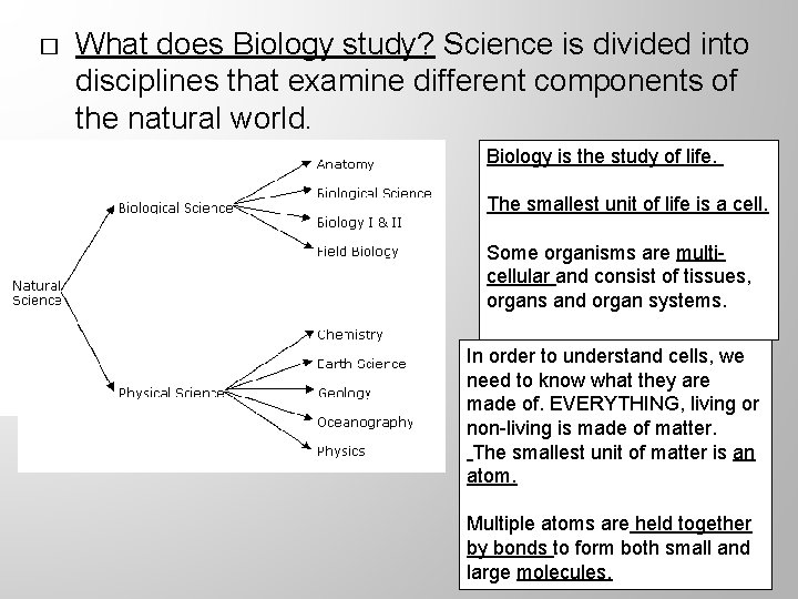 � What does Biology study? Science is divided into disciplines that examine different components