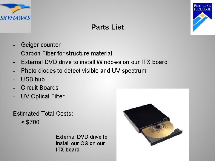 Parts List - Geiger counter Carbon Fiber for structure material External DVD drive to