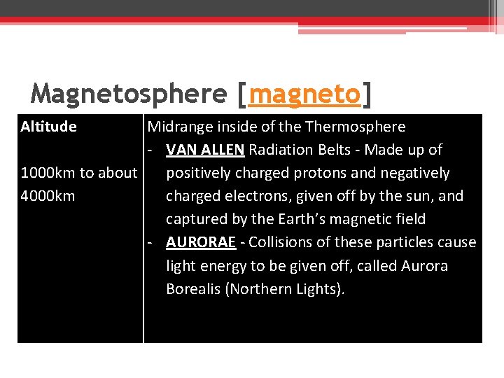 Magnetosphere [magneto] Altitude Midrange inside of the Thermosphere - VAN ALLEN Radiation Belts -