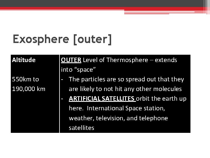 Exosphere [outer] Altitude 550 km to 190, 000 km OUTER Level of Thermosphere –