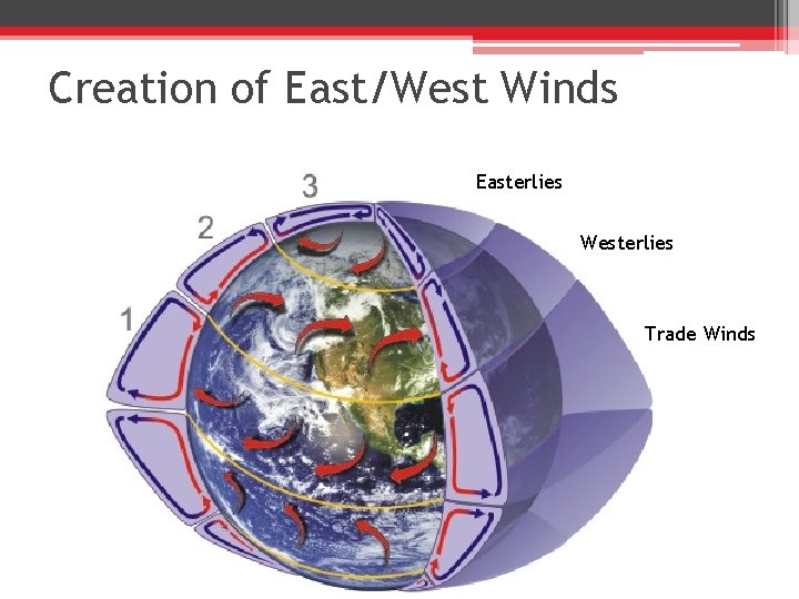 Creation of East/West Winds Easterlies Westerlies Trade Winds 