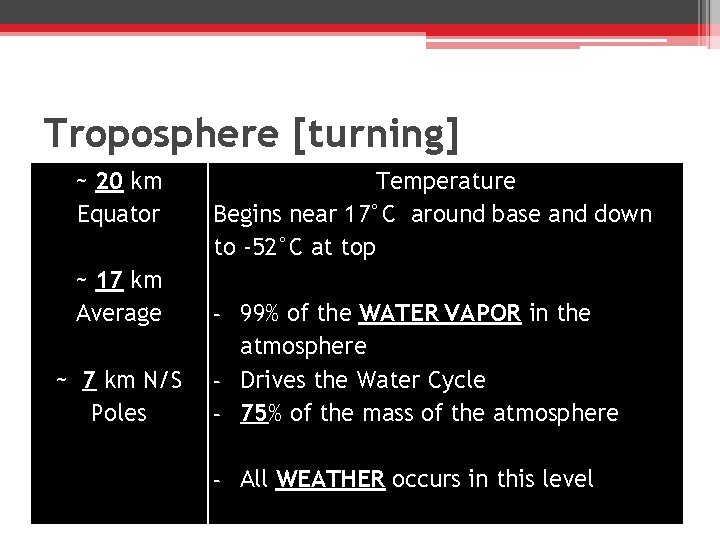 Troposphere [turning] ~ 20 km Equator ~ 17 km Average ~ 7 km N/S