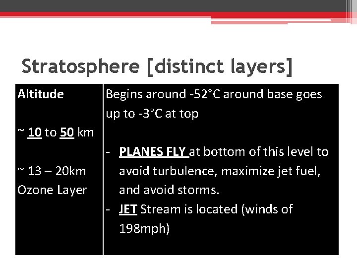 Stratosphere [distinct layers] Altitude Begins around -52°C around base goes up to -3°C at