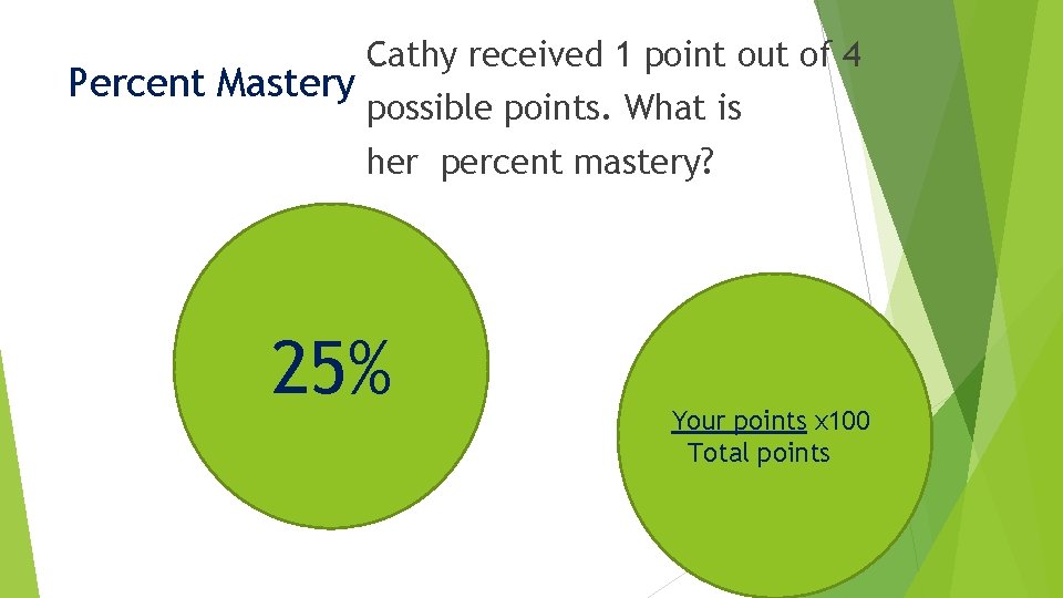 Percent Mastery Cathy received 1 point out of 4 possible points. What is her