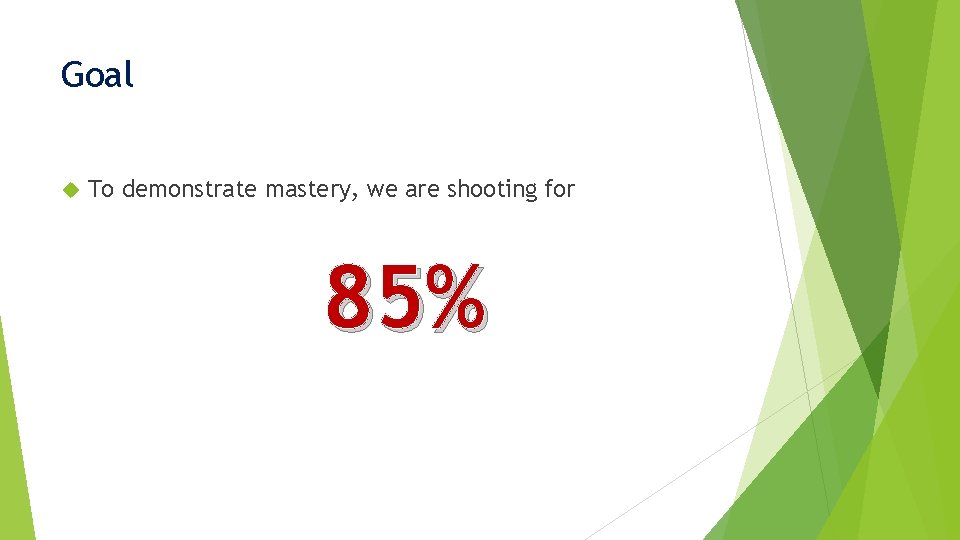 Goal To demonstrate mastery, we are shooting for 85% 