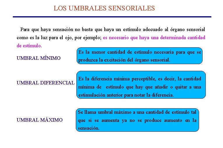 LOS UMBRALES SENSORIALES Para que haya sensación no basta que haya un estímulo adecuado LOS UMBRALES SENSORIALES Para que haya sensación no basta que haya un estímulo adecuado