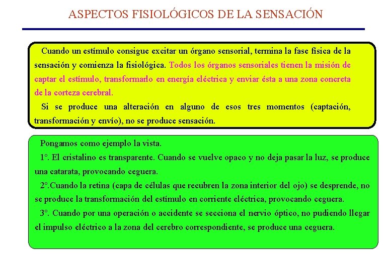 ASPECTOS FISIOLÓGICOS DE LA SENSACIÓN Cuando un estímulo consigue excitar un órgano sensorial, termina ASPECTOS FISIOLÓGICOS DE LA SENSACIÓN Cuando un estímulo consigue excitar un órgano sensorial, termina