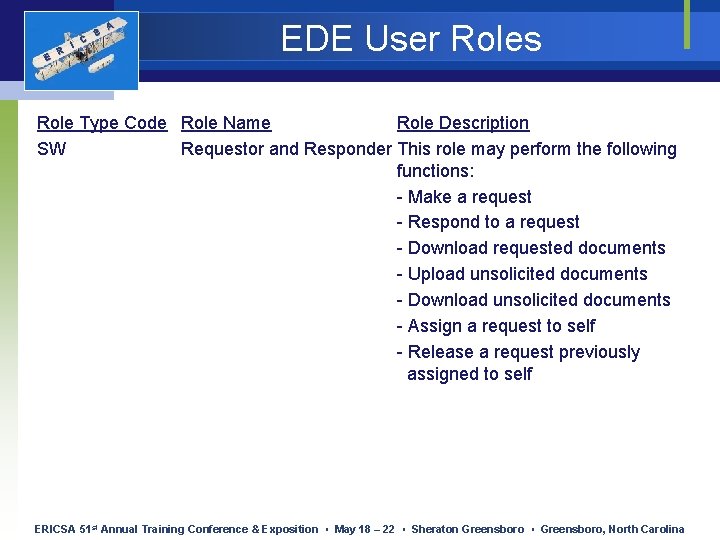 E R I C S A EDE User Roles Role Type Code Role Name E R I C S A EDE User Roles Role Type Code Role Name