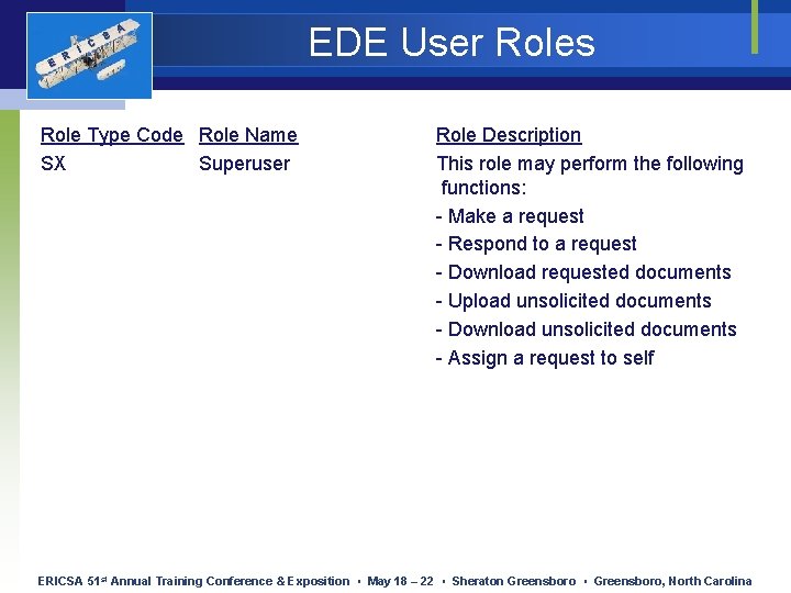 E R I C S A Role Type Code Role Name SX Superuser EDE E R I C S A Role Type Code Role Name SX Superuser EDE