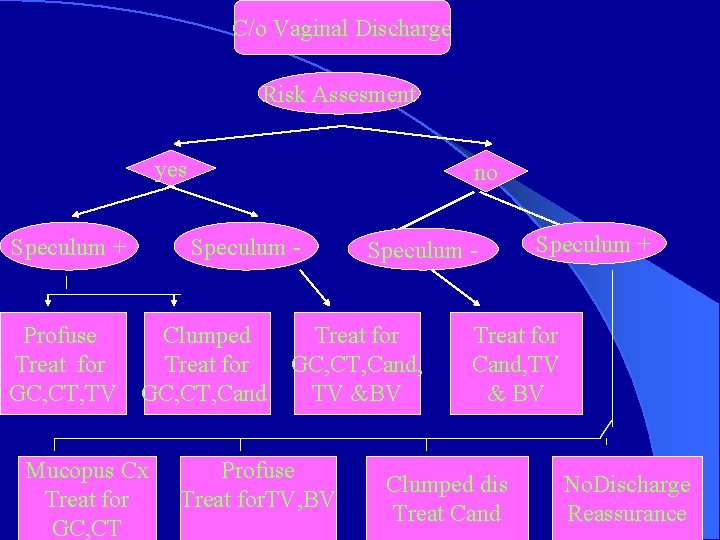 C/o Vaginal Discharge Risk Assesment yes Speculum + no Speculum - Profuse Clumped Treat