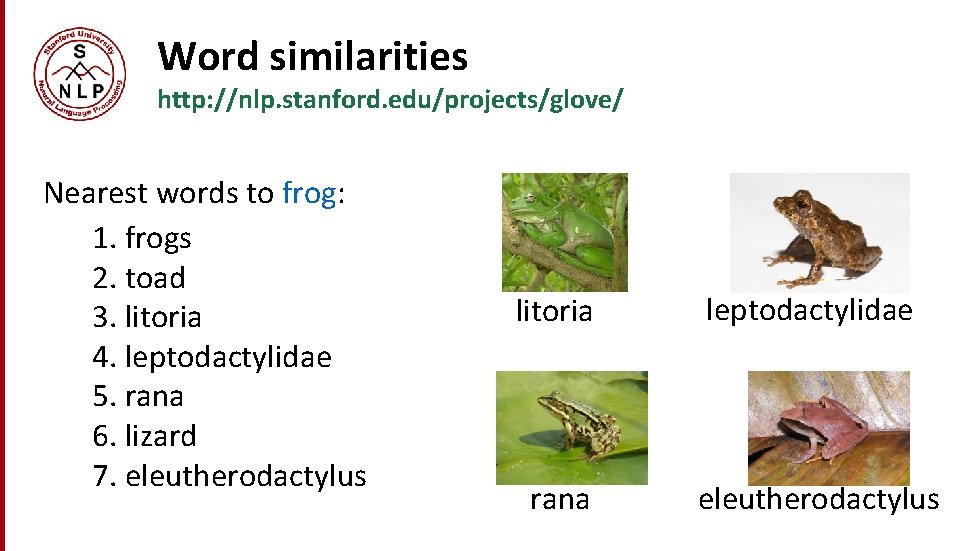 Word similarities http: //nlp. stanford. edu/projects/glove/ Nearest words to frog: 1. frogs 2. toad Word similarities http: //nlp. stanford. edu/projects/glove/ Nearest words to frog: 1. frogs 2. toad