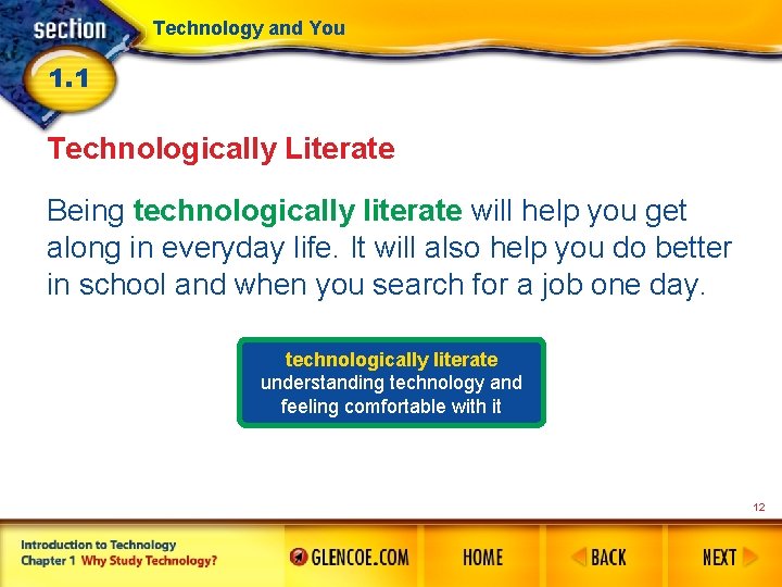 Technology and You 1. 1 Technologically Literate Being technologically literate will help you get