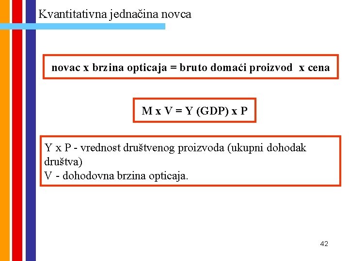 Kvantitativna jednačina novca novac x brzina opticaja = bruto domaći proizvod x cena M