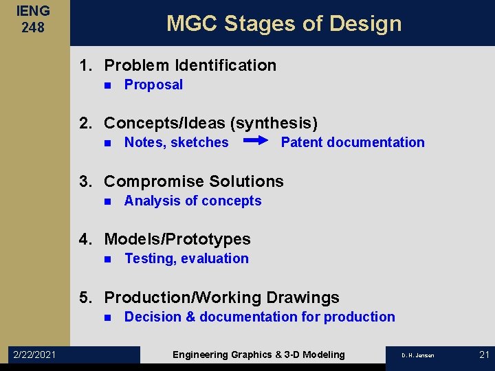 IENG 248 MGC Stages of Design 1. Problem Identification n Proposal 2. Concepts/Ideas (synthesis)