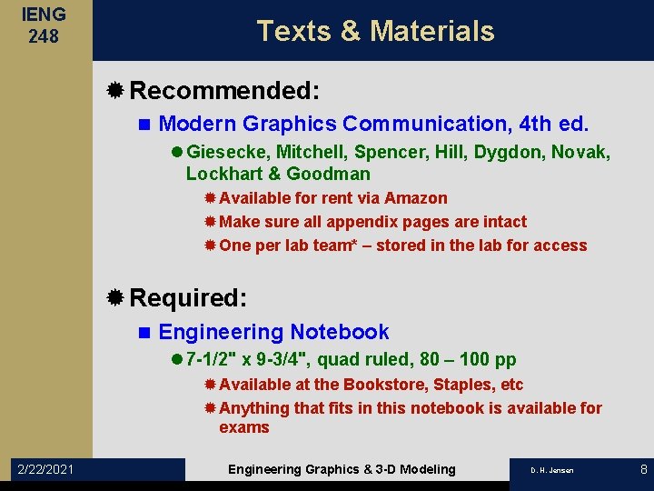 IENG 248 Texts & Materials ® Recommended: n Modern Graphics Communication, 4 th ed.