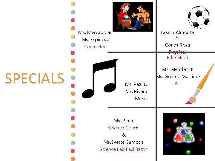 Coach Almonte & Ms. Mercado & Ms. Espinoza Coach Rosa Counselor SPECIALS Physical Education Coach Almonte & Ms. Mercado & Ms. Espinoza Coach Rosa Counselor SPECIALS Physical Education