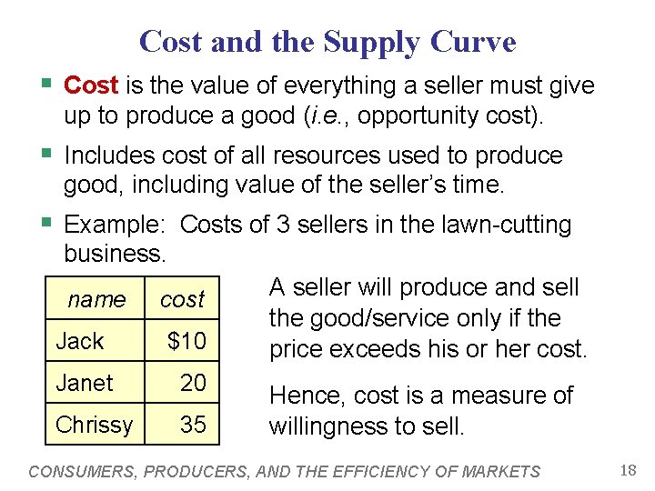 Cost and the Supply Curve § Cost is the value of everything a seller