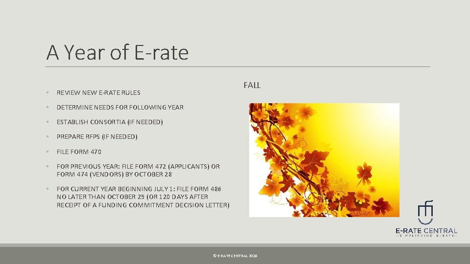 A Year of E-rate FALL § REVIEW NEW E-RATE RULES § DETERMINE NEEDS FOR