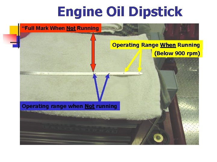 Engine Oil Dipstick “Full Mark When Not Running Operating Range When Running (Below 900