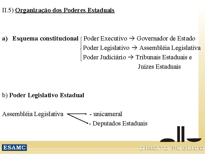 II. 5) Organização dos Poderes Estaduais a) Esquema constitucional Poder Executivo Governador de Estado