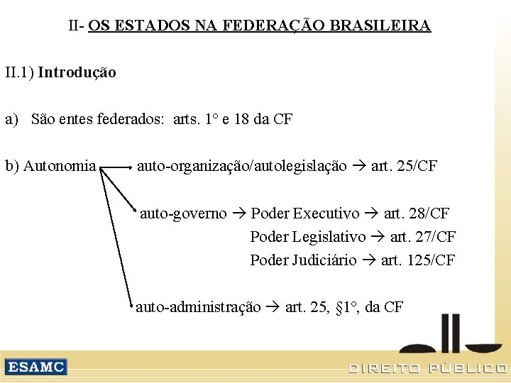 II- OS ESTADOS NA FEDERAÇÃO BRASILEIRA II. 1) Introdução a) São entes federados: arts.