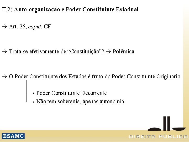 II. 2) Auto-organização e Poder Constituinte Estadual Art. 25, caput, CF Trata-se efetivamente de
