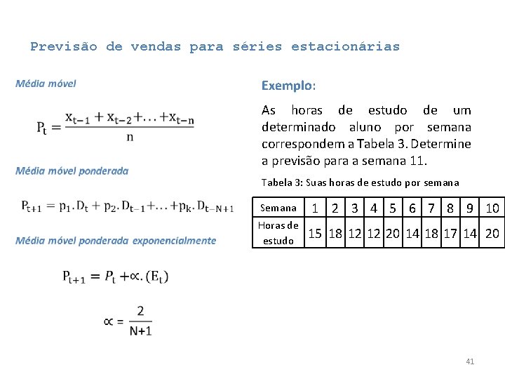 Previsão de vendas para séries estacionárias • Exemplo: As horas de estudo de um Previsão de vendas para séries estacionárias • Exemplo: As horas de estudo de um