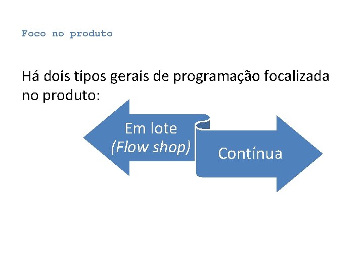 Foco no produto Há dois tipos gerais de programação focalizada no produto: Em lote Foco no produto Há dois tipos gerais de programação focalizada no produto: Em lote