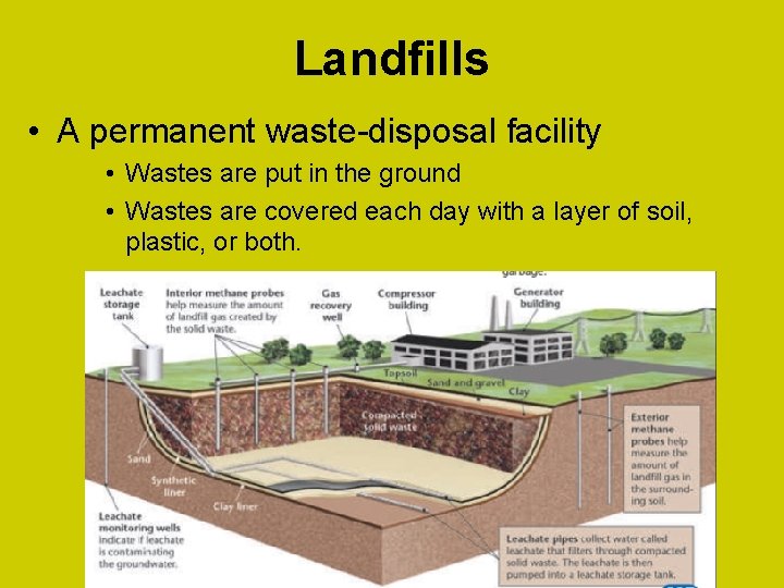 Landfills • A permanent waste-disposal facility • Wastes are put in the ground •