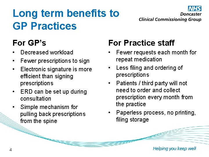 Long term benefits to GP Practices 4 For GP’s For Practice staff • Decreased