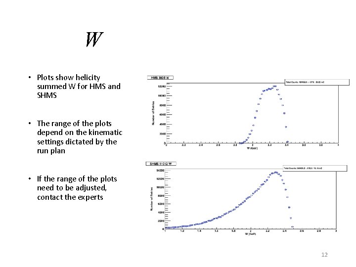 W • Plots show helicity summed W for HMS and SHMS • The range