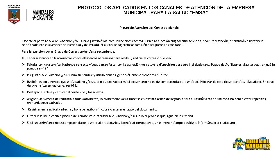 PROTOCOLOS APLICADOS EN LOS CANALES DE ATENCIÓN DE LA EMPRESA MUNICIPAL PARA LA SALUD