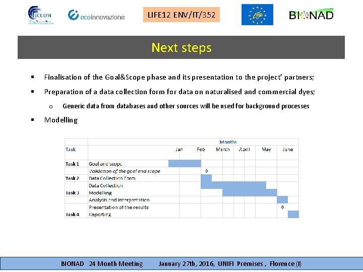 LIFE 12 ENV/IT/352 Next steps § Finalisation of the Goal&Scope phase and its presentation