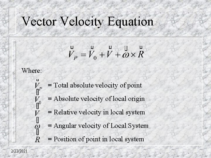 Vector Velocity Equation Where: = Total absolute velocity of point = Absolute velocity of