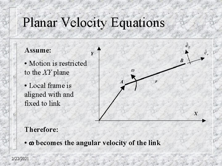 Planar Velocity Equations Assume: • Motion is restricted to the XY plane • Local
