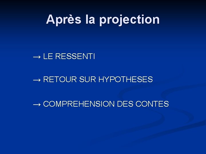 Après la projection → LE RESSENTI → RETOUR SUR HYPOTHESES → COMPREHENSION DES CONTES