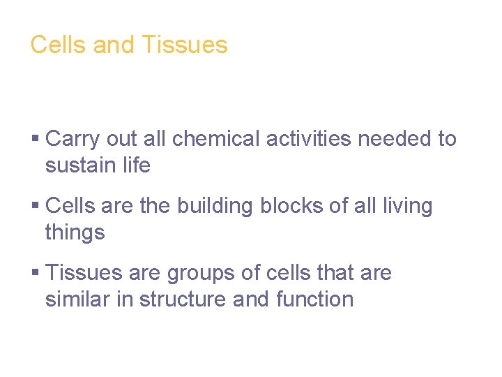 Cells and Tissues § Carry out all chemical activities needed to sustain life §