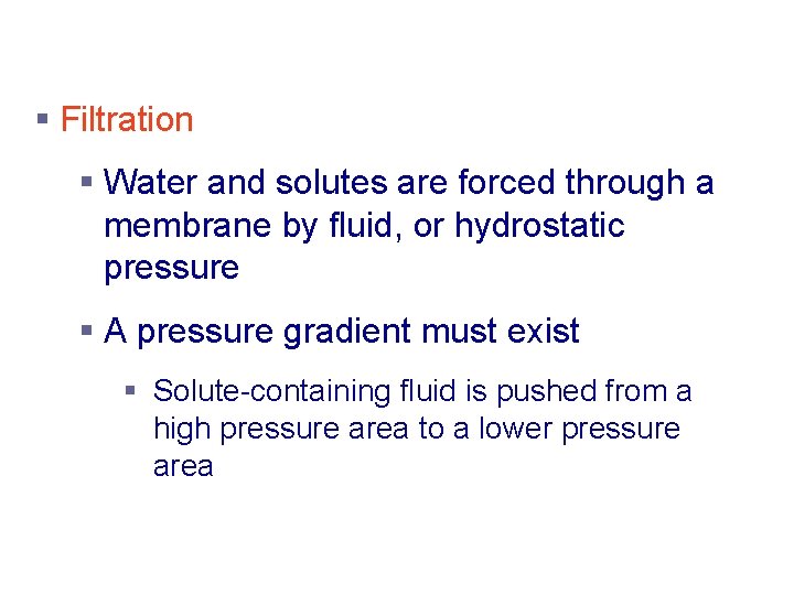 Passive Transport Processes § Filtration § Water and solutes are forced through a membrane