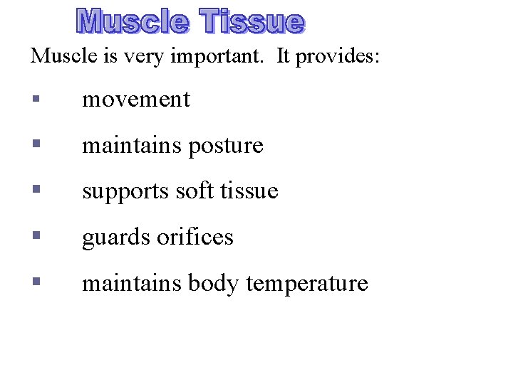 Muscle is very important. It provides: § movement § maintains posture § supports soft