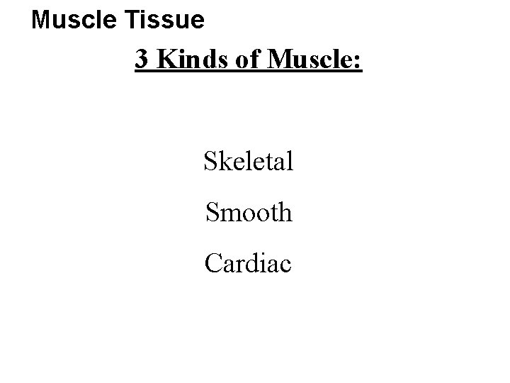 Muscle Tissue 3 Kinds of Muscle: Skeletal Smooth Cardiac 