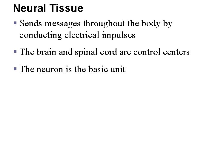 Neural Tissue § Sends messages throughout the body by conducting electrical impulses § The