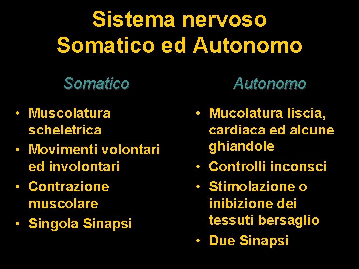 Sistema nervoso Somatico ed Autonomo Somatico • Muscolatura scheletrica • Movimenti volontari ed involontari