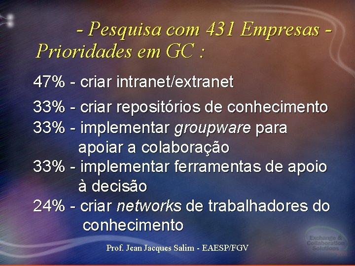 - Pesquisa com 431 Empresas Prioridades em GC : 47% - criar intranet/extranet 33% - Pesquisa com 431 Empresas Prioridades em GC : 47% - criar intranet/extranet 33%