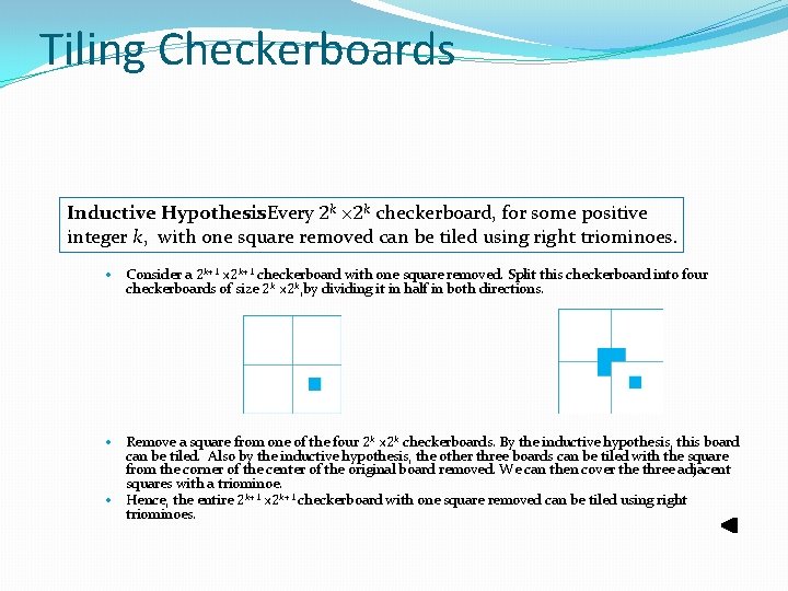 Tiling Checkerboards Inductive Hypothesis : Every 2 k × 2 k checkerboard, for some