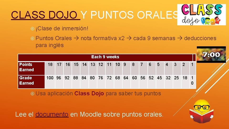 CLASS DOJO Y PUNTOS ORALES ¡Clase de inmersión! Puntos Orales nota formativa x 2