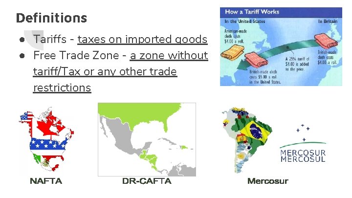 Definitions ● Tariffs - taxes on imported goods ● Free Trade Zone - a