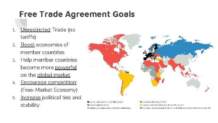 Free Trade Agreement Goals 1. 2. 3. 4. 5. Unrestricted Trade (no tariffs) Boost