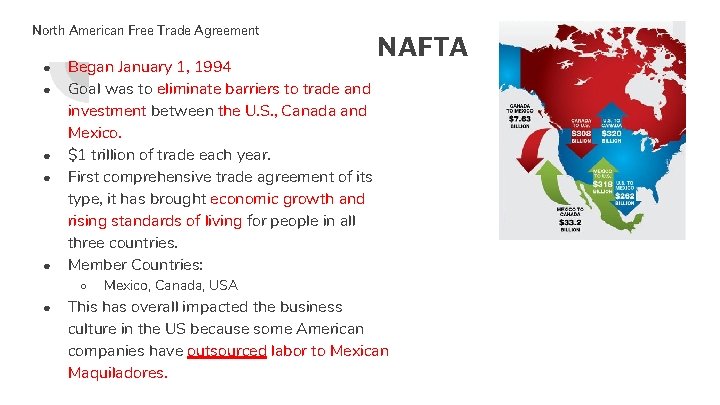 North American Free Trade Agreement ● ● ● Began January 1, 1994 Goal was